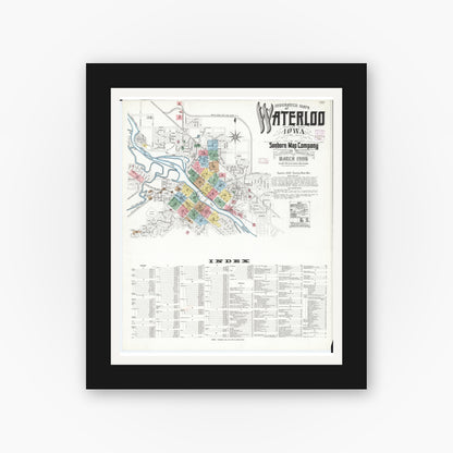 Old map wall art mockup — black gallery frame with white mat — Sanborn Fire Insurance Map from Waterloo, Black Hawk County, Iowa (1906), Sheet #0001