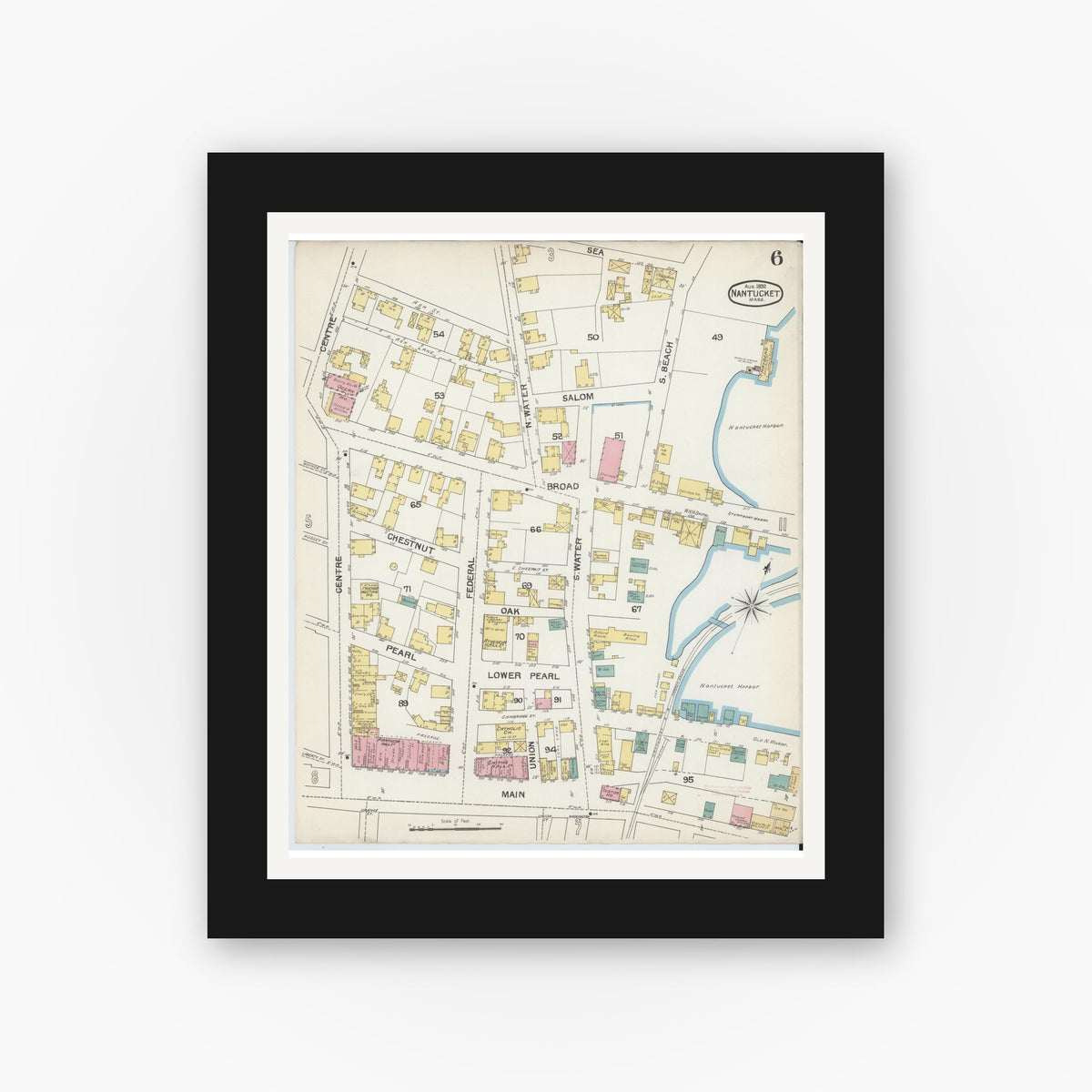 Old map wall art mockup — black gallery frame with white mat — Sanborn Fire Insurance Map from Nantucket, Nantucket County, Massachusetts (1892), Sheet #0006