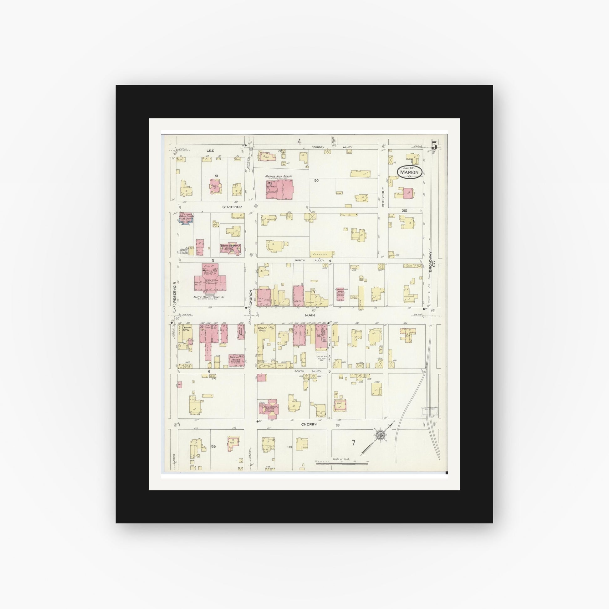 Old map wall art mockup — black gallery frame with white mat — Sanborn Fire Insurance Map from Marion, Smyth County, Virginia (1913), Sheet #0005