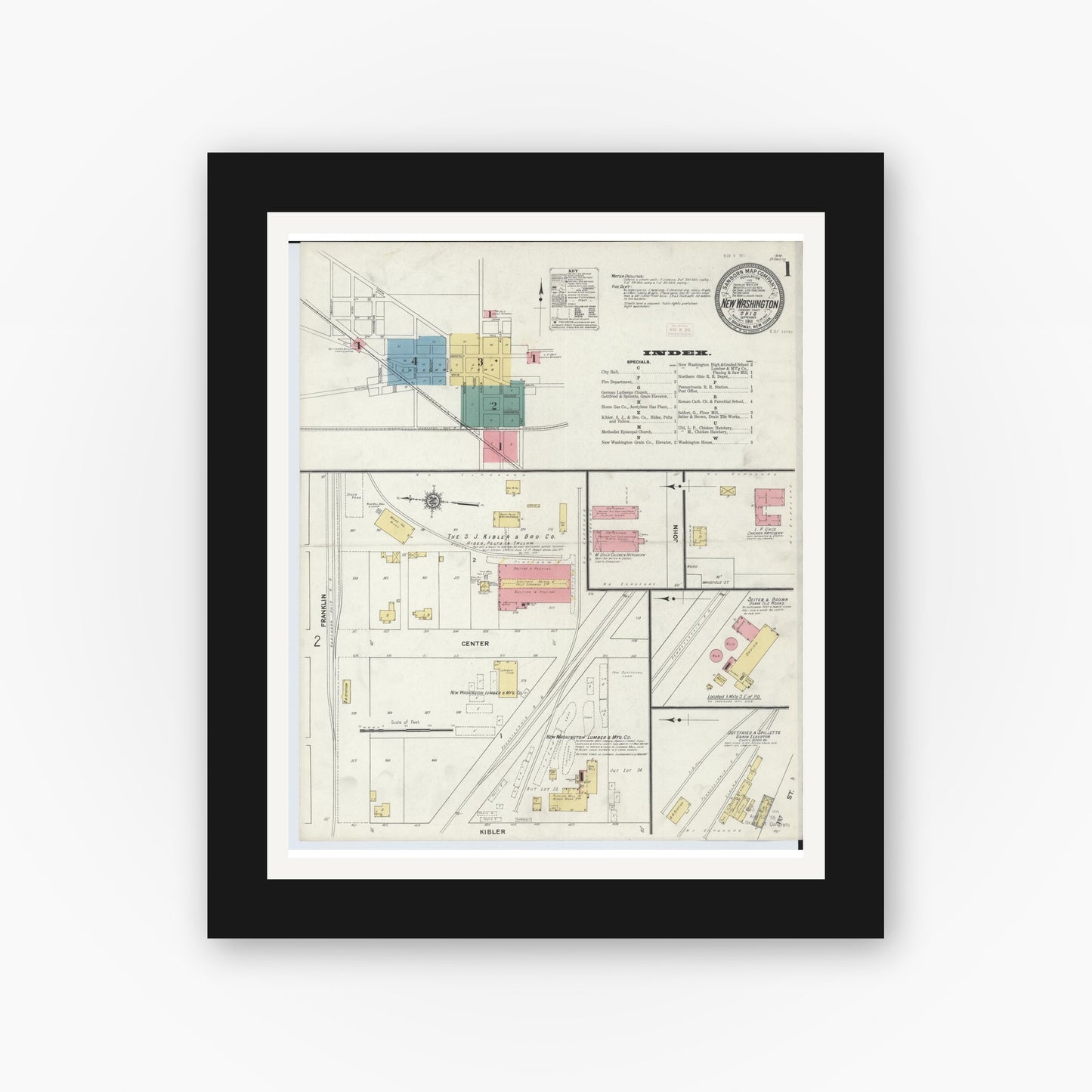 Old map wall art mockup — black gallery frame with white mat — Sanborn Fire Insurance Map from New Washington, Crawford County, Ohio (1911), Sheet #0001