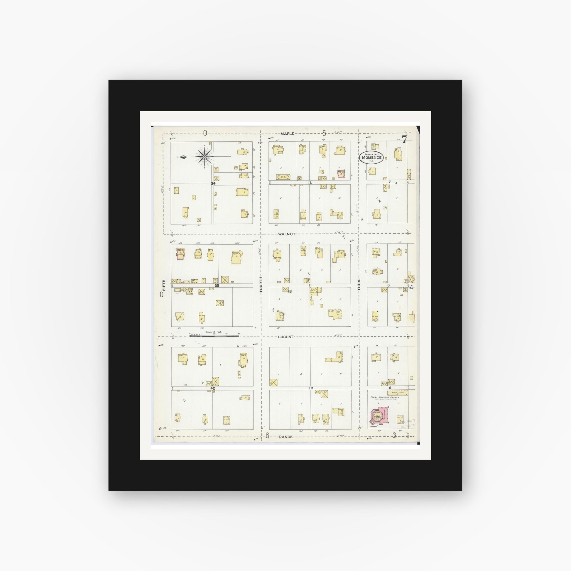 Old map wall art mockup — black gallery frame with white mat — Sanborn Fire Insurance Map from Momence, Kankakee County, Illinois (1907), Sheet #0007