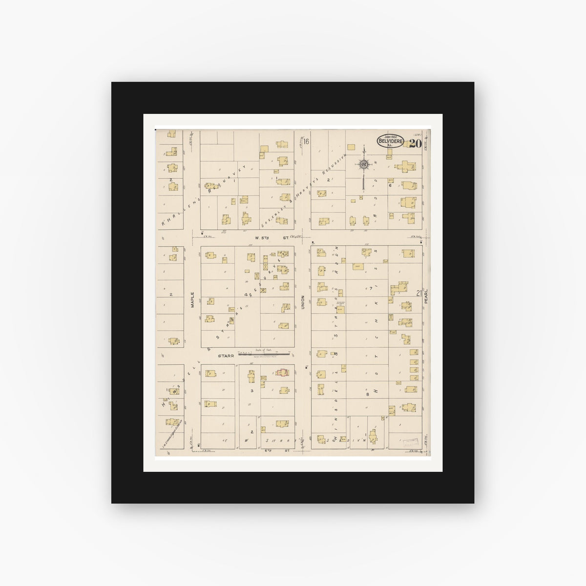 Old map wall art mockup — black gallery frame with white mat — Sanborn Fire Insurance Map from Belvidere, Boone County, Illinois (1922), Sheet #0020