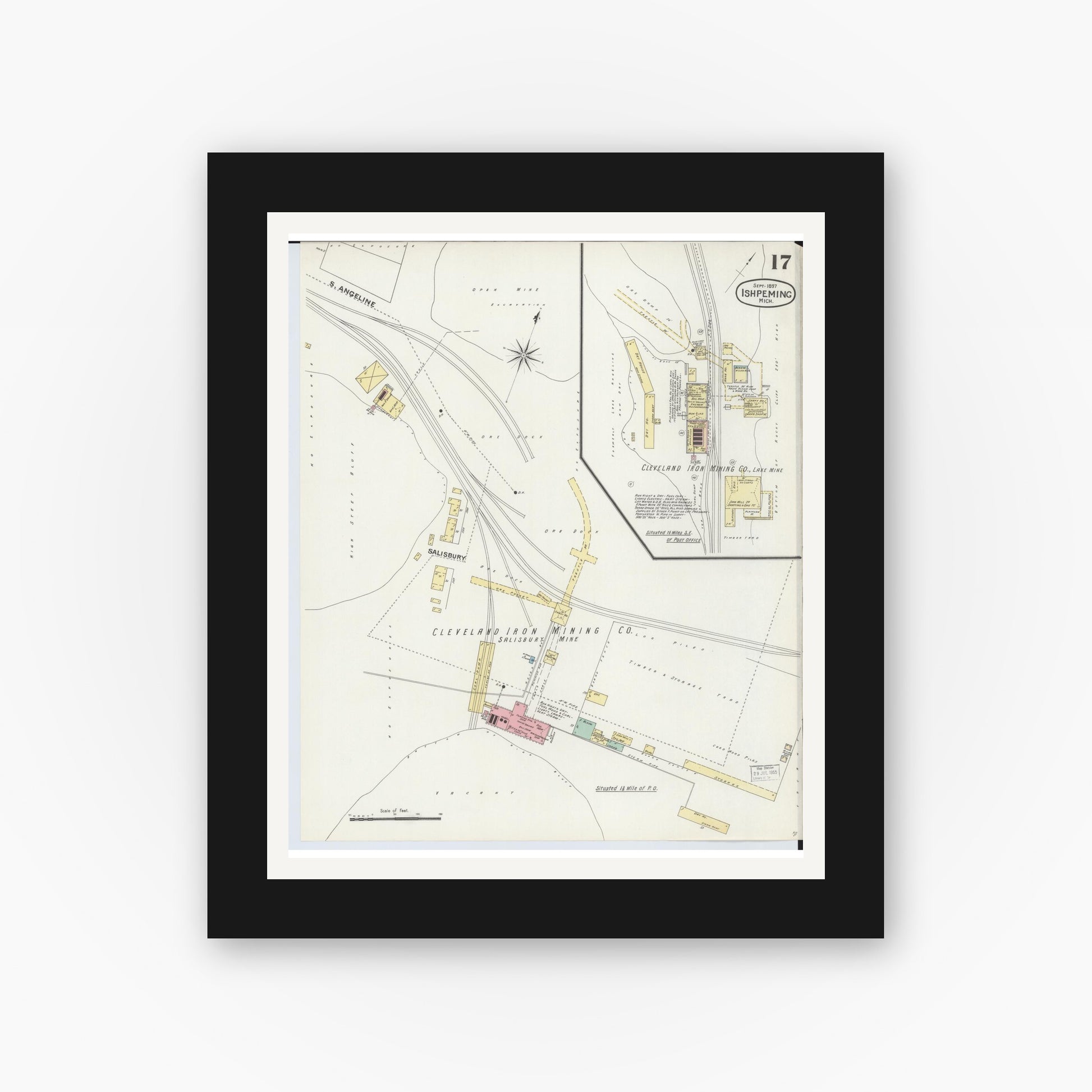 Old map wall art mockup — black gallery frame with white mat — Sanborn Fire Insurance Map from Ishpeming, Marquette County, Michigan (1897), Sheet #0017