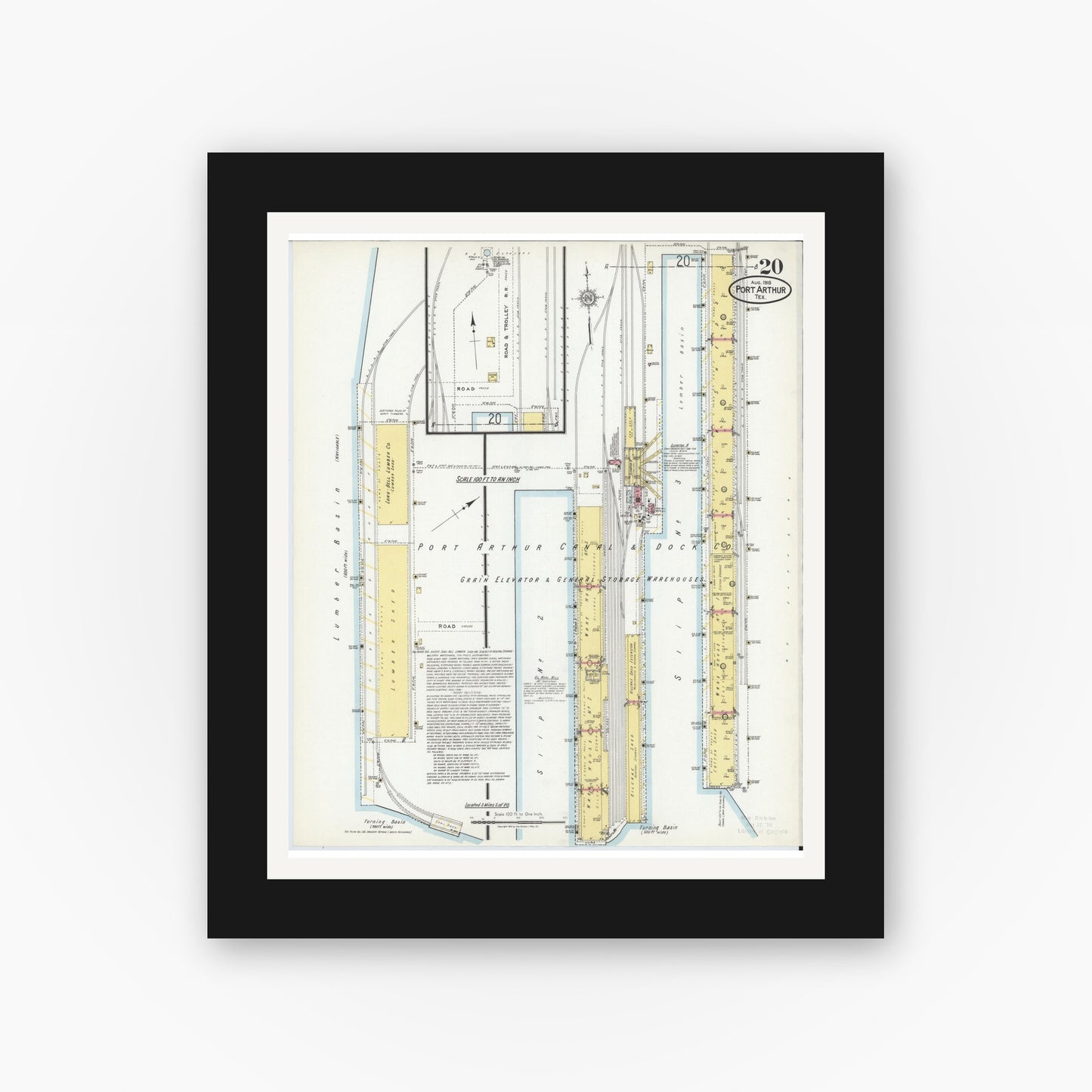 Old map wall art mockup — black gallery frame with white mat — Sanborn Fire Insurance Map from Port Arthur, Jefferson County, Texas (1918), Sheet #0020