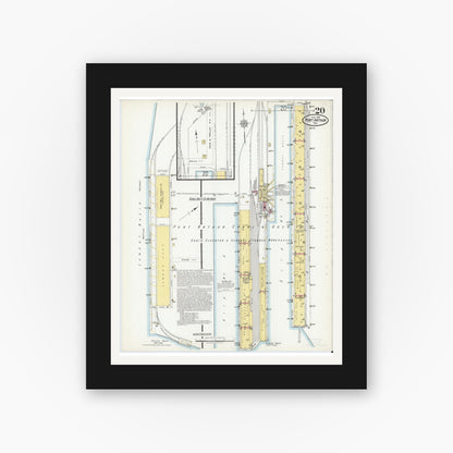 Old map wall art mockup — black gallery frame with white mat — Sanborn Fire Insurance Map from Port Arthur, Jefferson County, Texas (1918), Sheet #0020