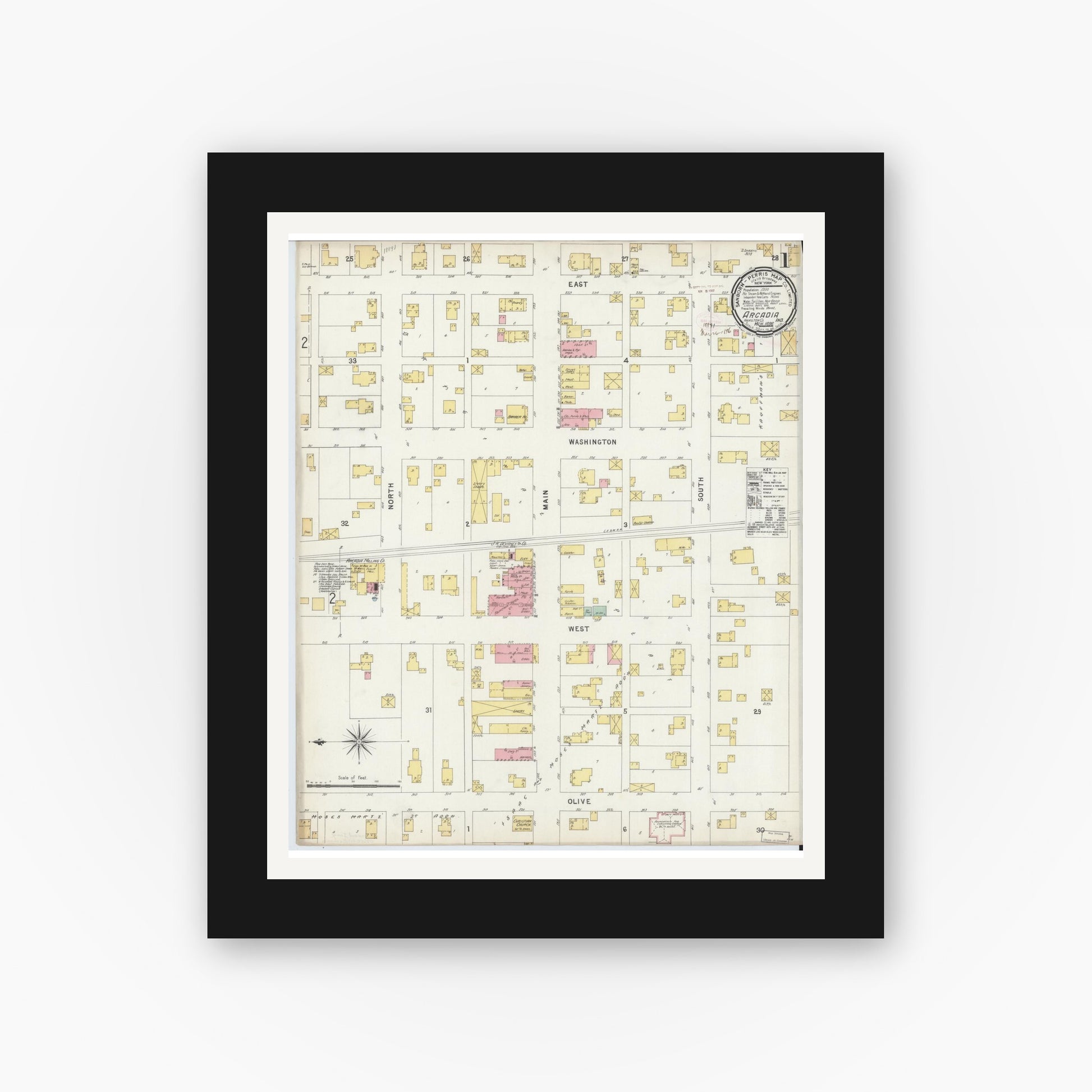 Old map wall art mockup — black gallery frame with white mat — Sanborn Fire Insurance Map from Arcadia, Hamilton County, Indiana (1896) - Complete Map Set
