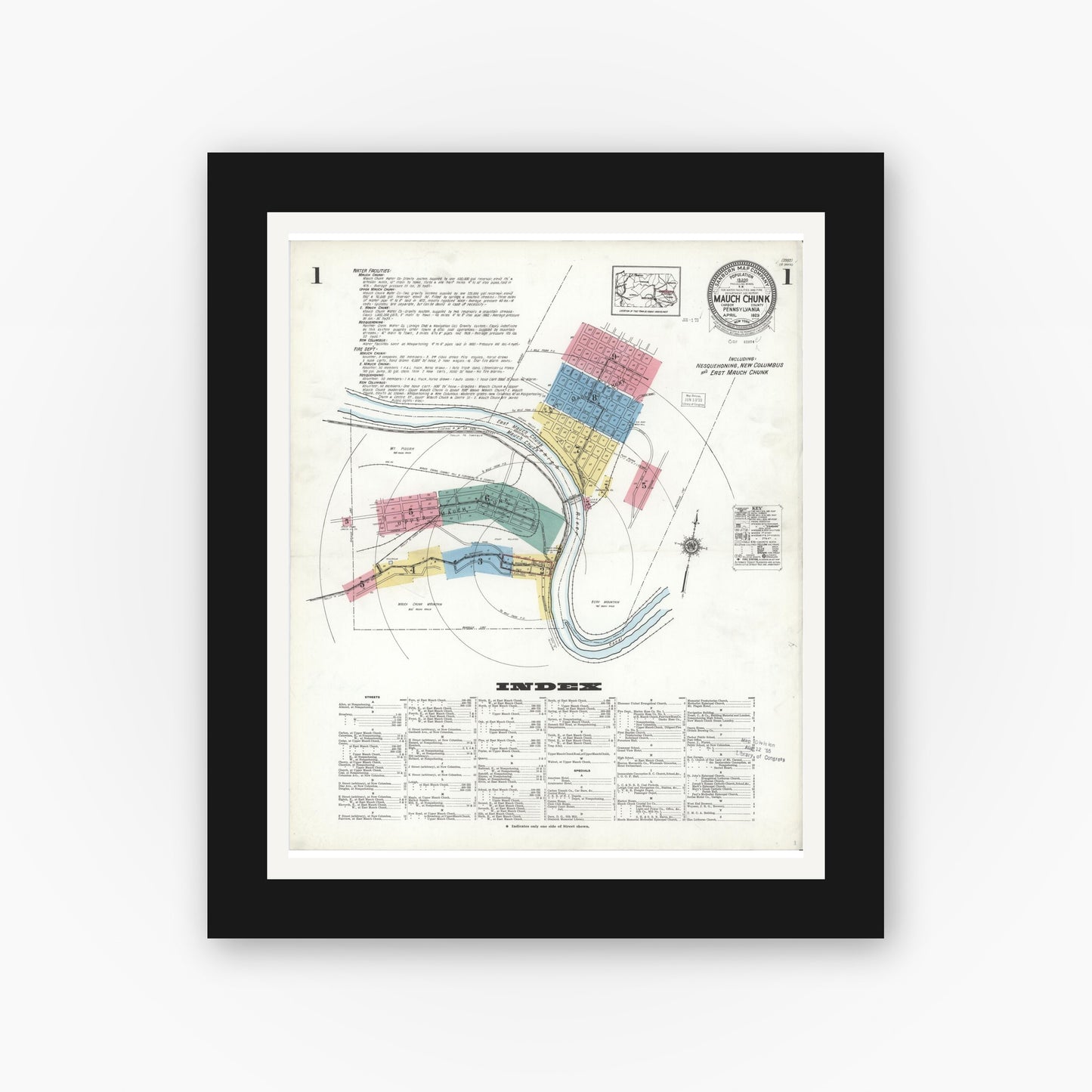 Old map wall art mockup — black gallery frame with white mat — Sanborn Fire Insurance Map from Mauch Chunk, Carbon County, Pennsylvania (1923), Sheet #0001