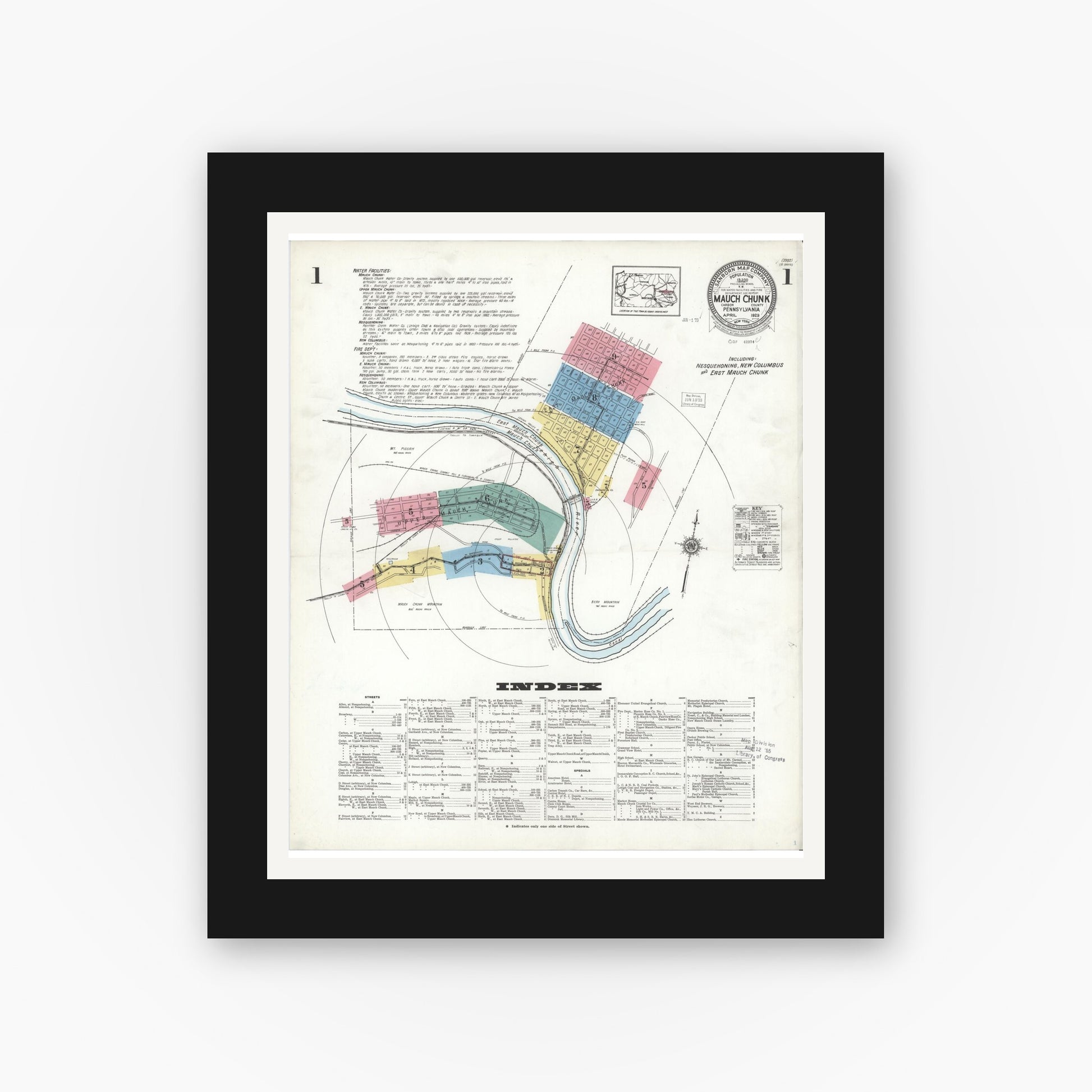 Old map wall art mockup — black gallery frame with white mat — Sanborn Fire Insurance Map from Mauch Chunk, Carbon County, Pennsylvania (1923), Sheet #0001
