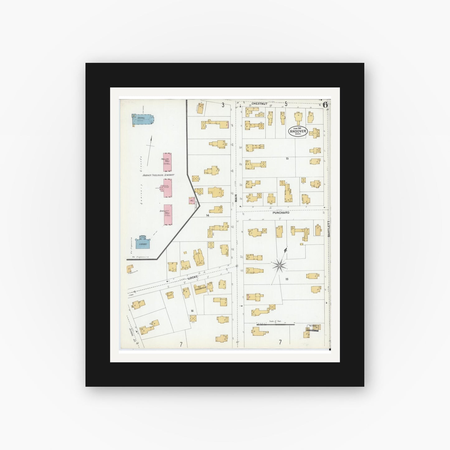 Old map wall art mockup — black gallery frame with white mat — Sanborn Fire Insurance Map from Andover, Essex County, Massachusetts (1901), Sheet #0006