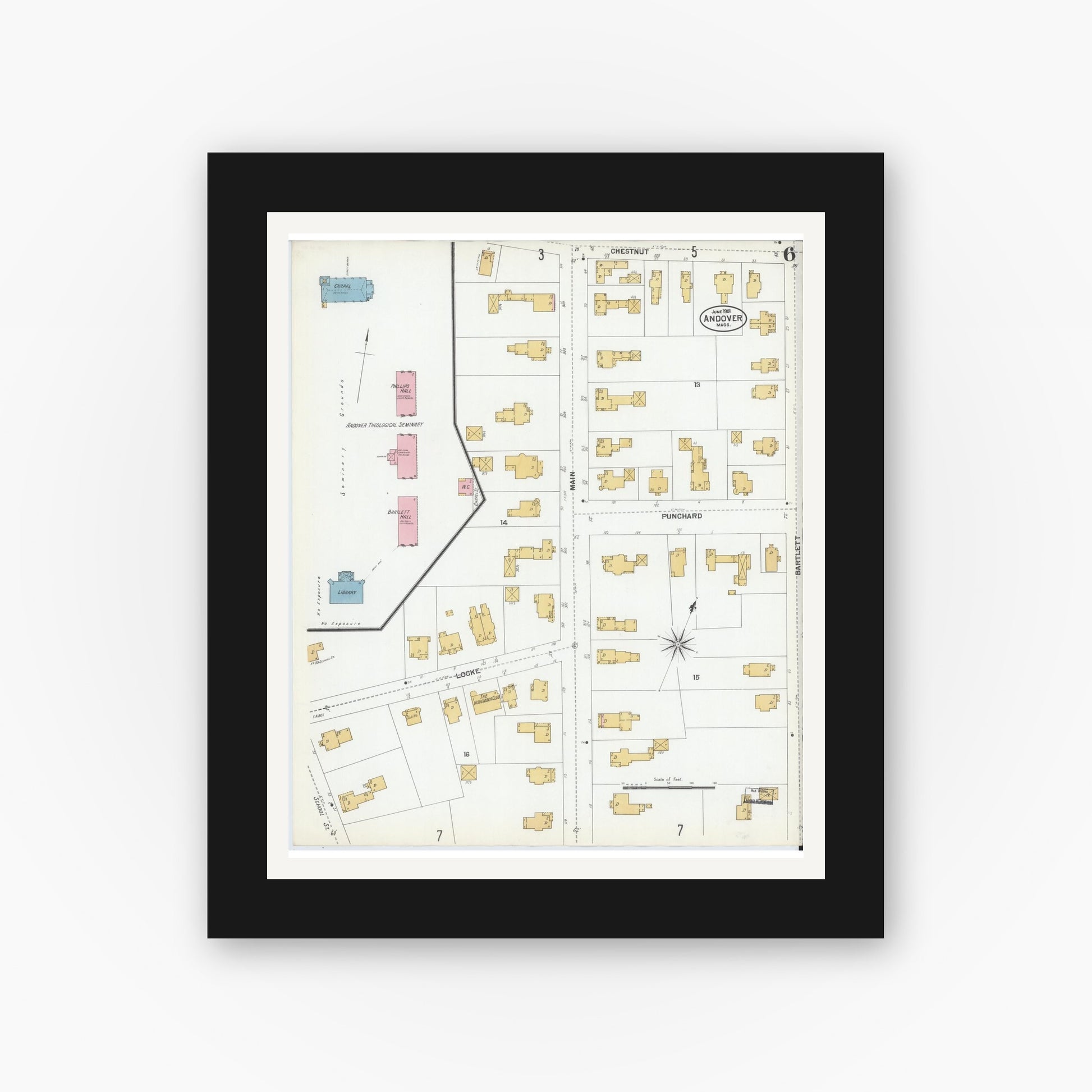 Old map wall art mockup — black gallery frame with white mat — Sanborn Fire Insurance Map from Andover, Essex County, Massachusetts (1901), Sheet #0006