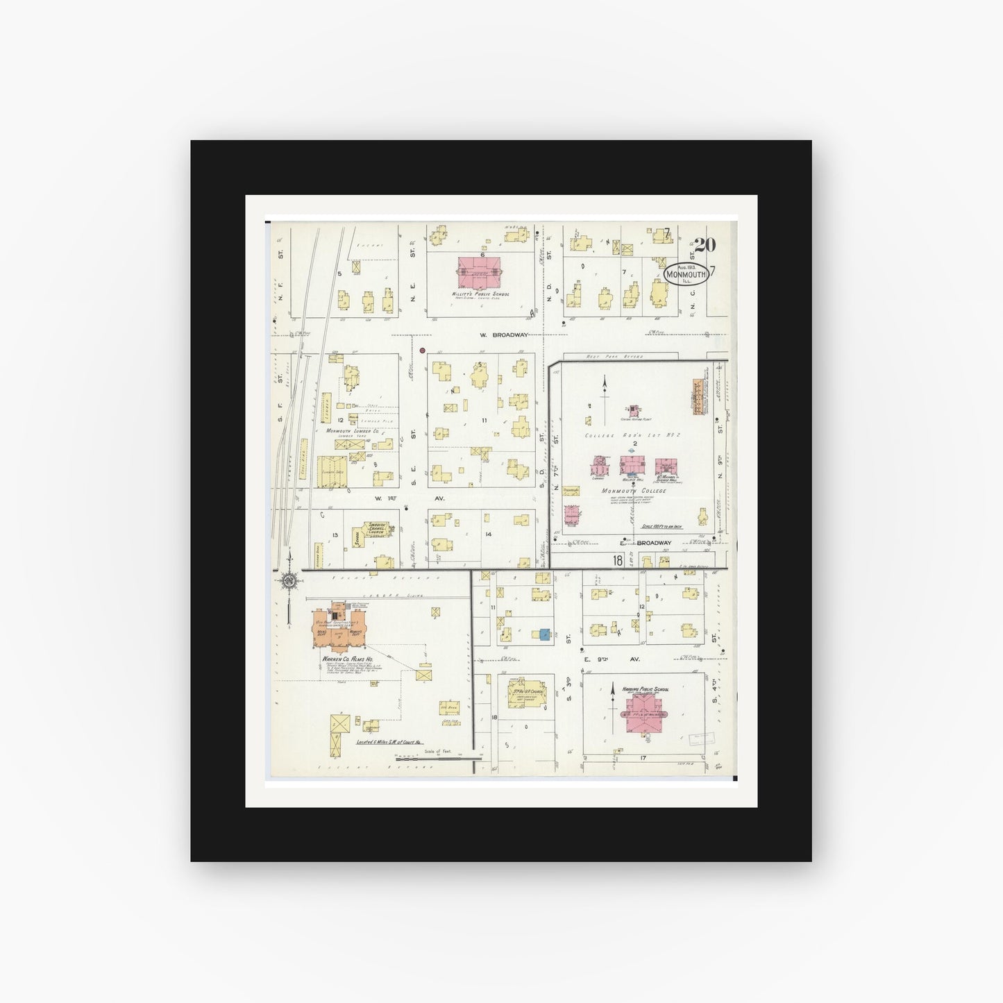 Old map wall art mockup — black gallery frame with white mat — Sanborn Fire Insurance Map from Monmouth, Warren County, Illinois (1913), Sheet #0020