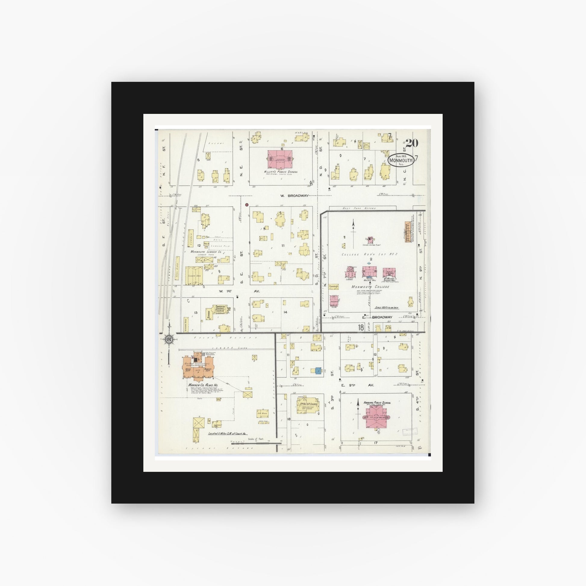 Old map wall art mockup — black gallery frame with white mat — Sanborn Fire Insurance Map from Monmouth, Warren County, Illinois (1913), Sheet #0020