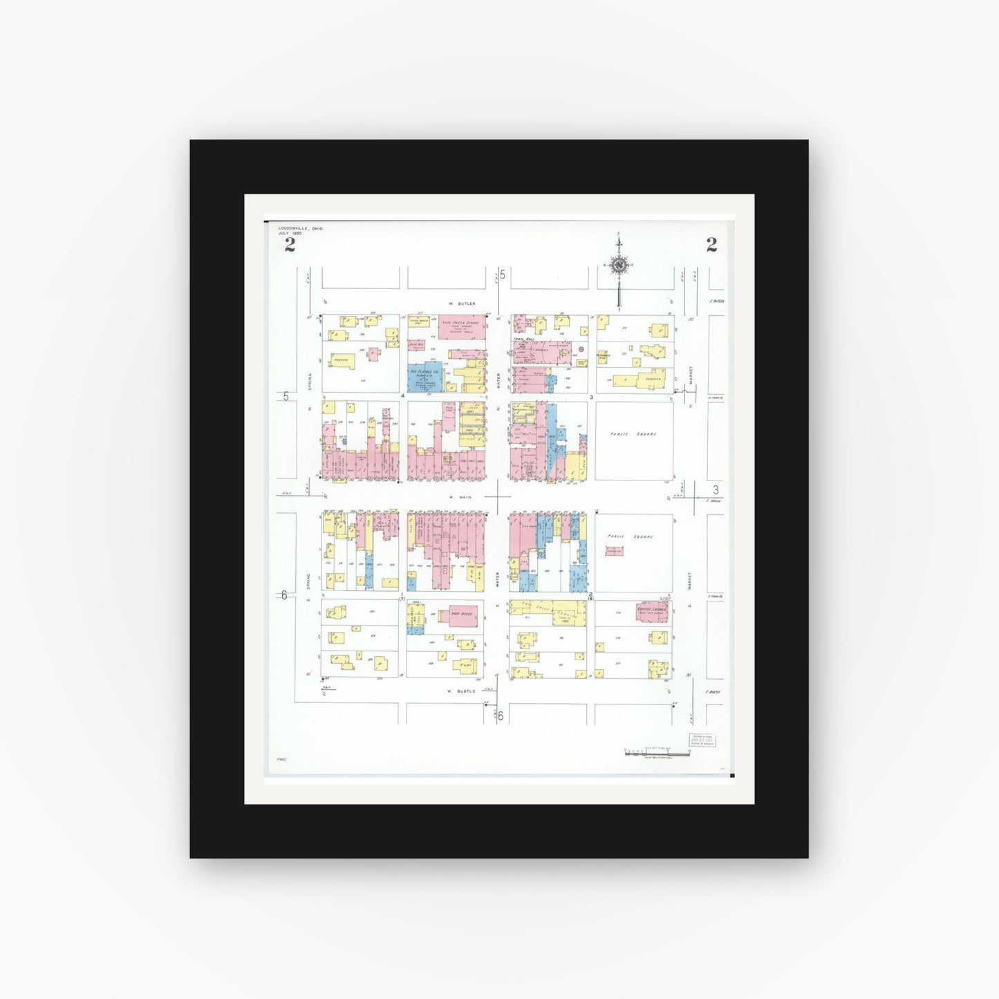 Old map wall art mockup — black gallery frame with white mat — Sanborn Fire Insurance Map from Loudonville, Ashland County, Ohio (1950), Sheet #0002