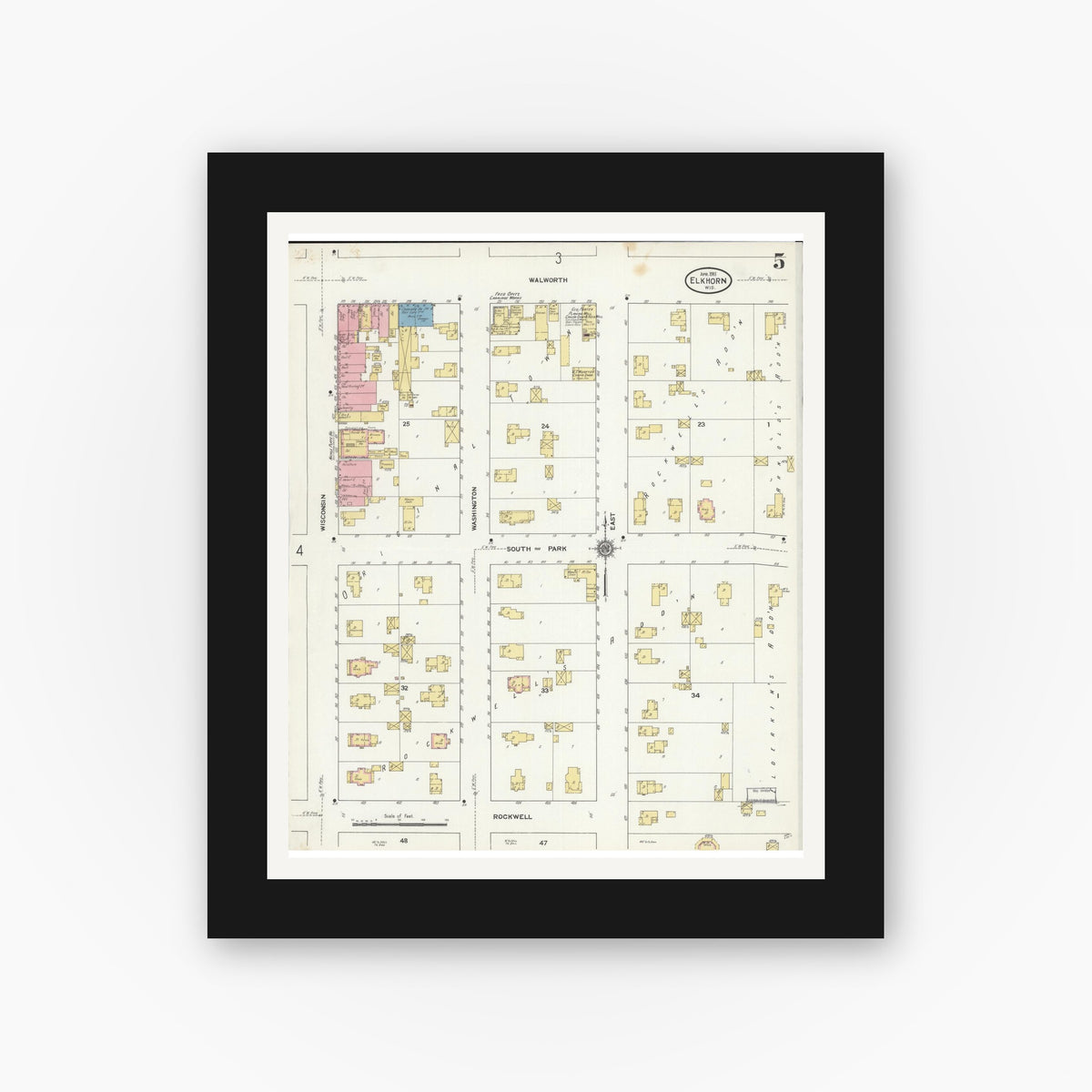 Old map wall art mockup — black gallery frame with white mat — Sanborn Fire Insurance Map from Elkhorn, Walworth County, Wisconsin (1911), Sheet #0005