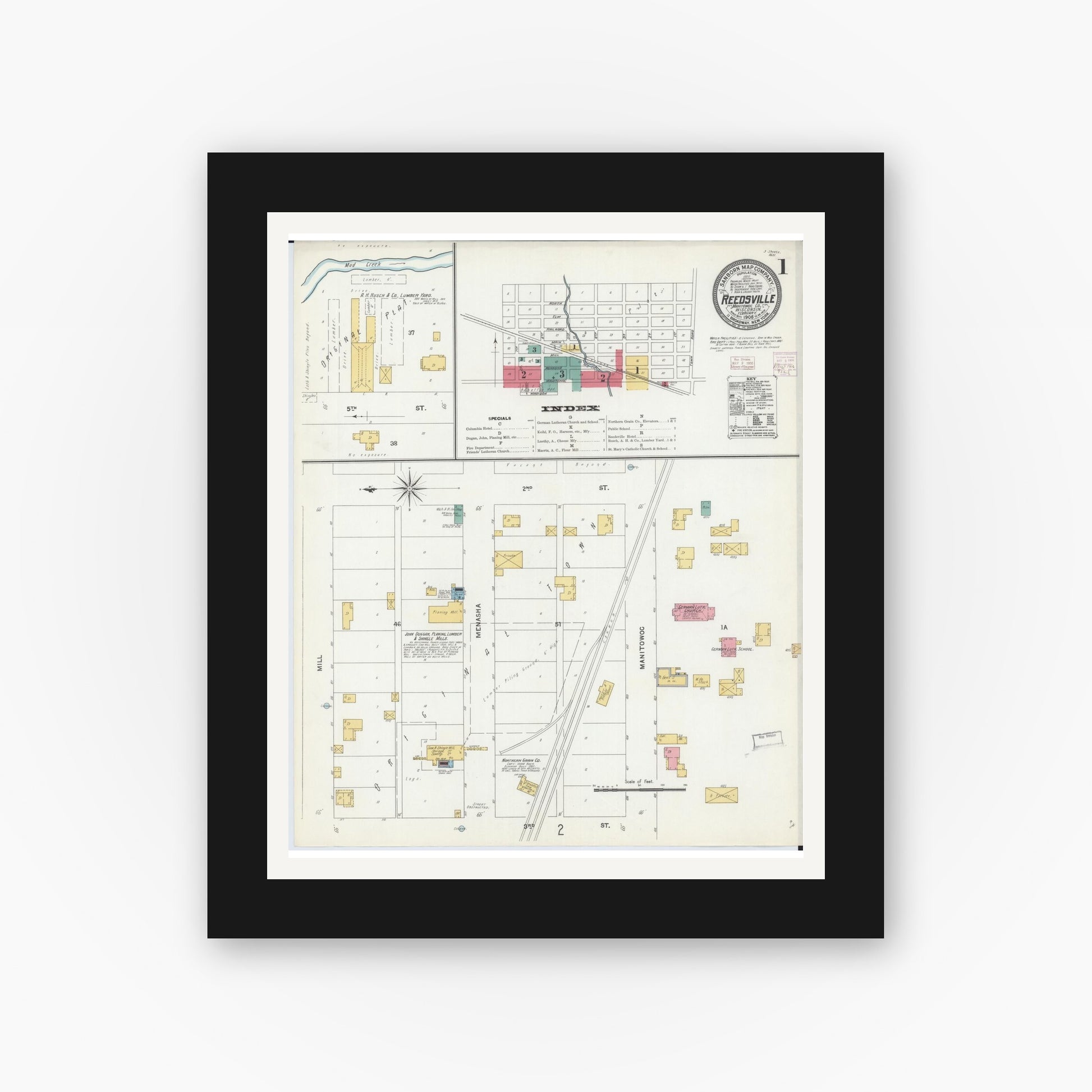 Old map wall art mockup — black gallery frame with white mat — Sanborn Fire Insurance Map from Reedsville, Manitowoc County, Wisconsin (1906), Sheet #0001