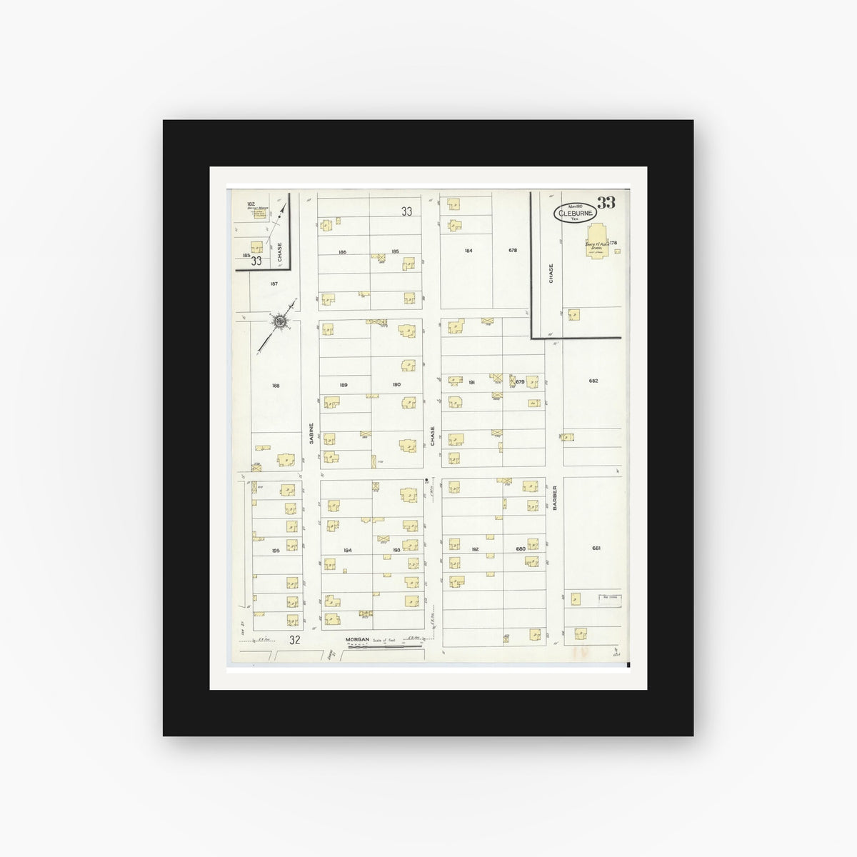 Old map wall art mockup — black gallery frame with white mat — Sanborn Fire Insurance Map from Cleburne, Johnson County, Texas (1910), Sheet #0033