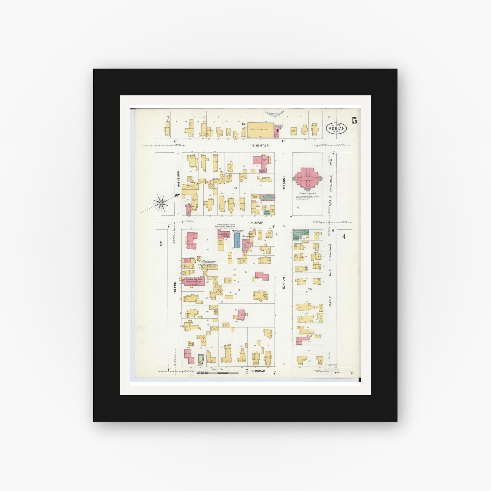 Old map wall art mockup — black gallery frame with white mat — Sanborn Fire Insurance Map from Adrian, Lenawee County, Michigan (1908), Sheet #0005