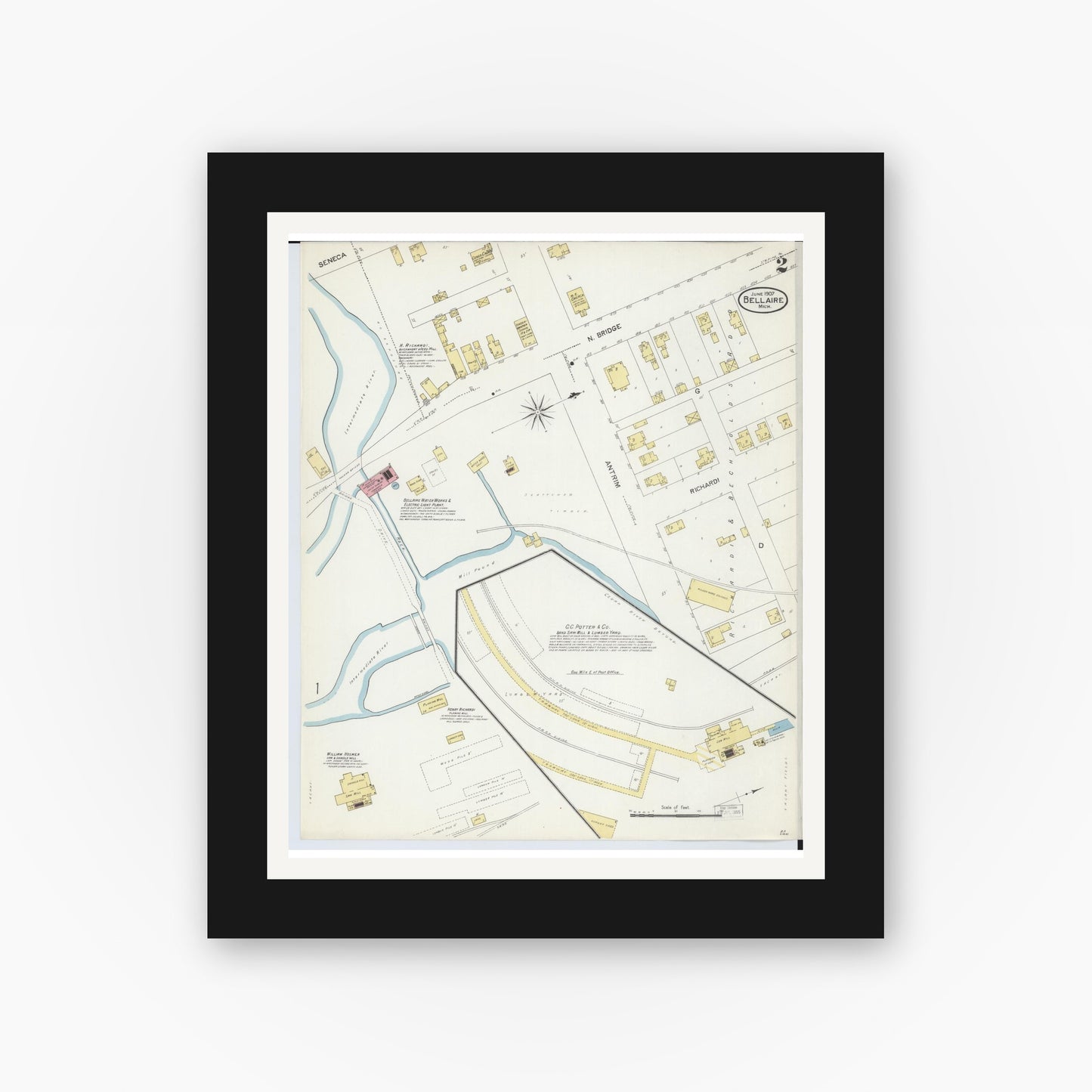 Old map wall art mockup — black gallery frame with white mat — Sanborn Fire Insurance Map from Bellaire, Antrim County, Michigan (1907), Sheet #0002
