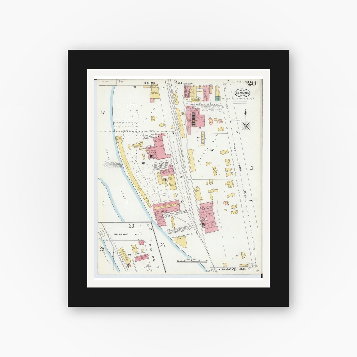 Old map wall art mockup — black gallery frame with white mat — Sanborn Fire Insurance Map from Lansing, Ingham County, Michigan (1906), Sheet #0020