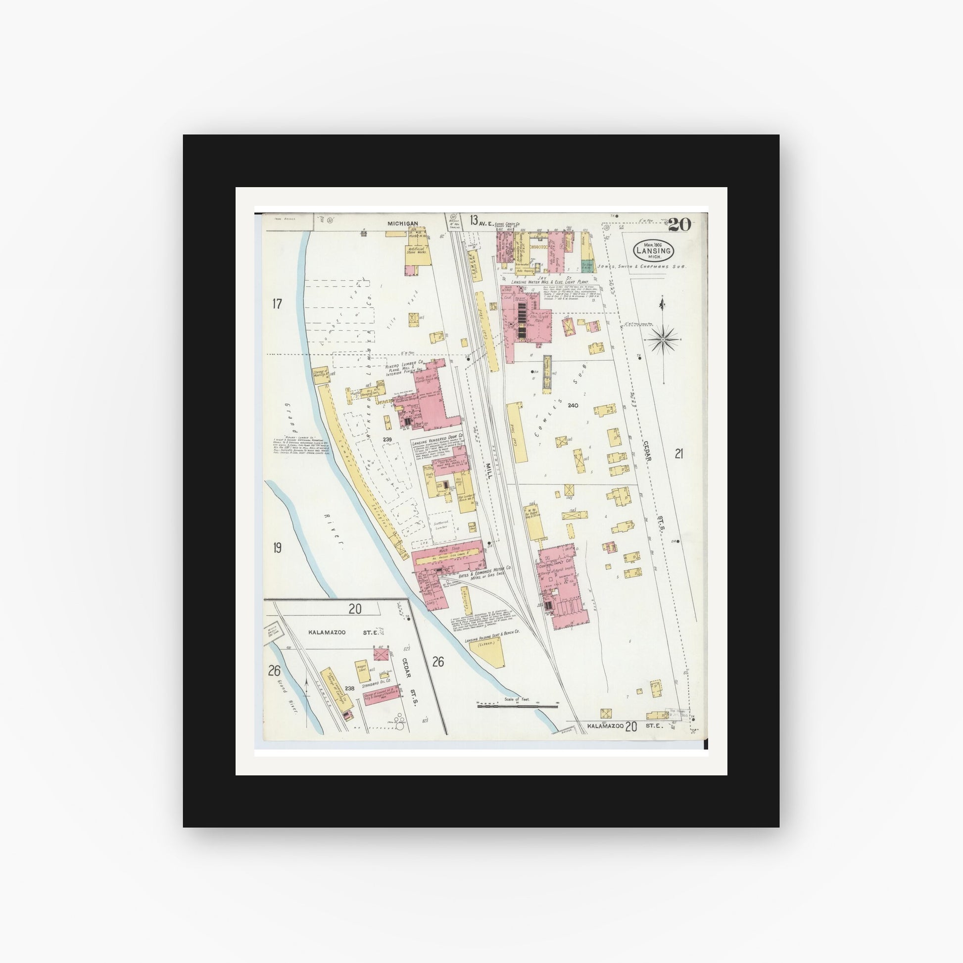 Old map wall art mockup — black gallery frame with white mat — Sanborn Fire Insurance Map from Lansing, Ingham County, Michigan (1906), Sheet #0020