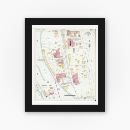 Old map wall art mockup — black gallery frame with white mat — Sanborn Fire Insurance Map from Lansing, Ingham County, Michigan (1906), Sheet #0020