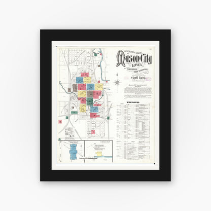 Old map wall art mockup — black gallery frame with white mat — Sanborn Fire Insurance Map from Mason City, Cerro Gordo County, Iowa (1909) â€” Complete Set