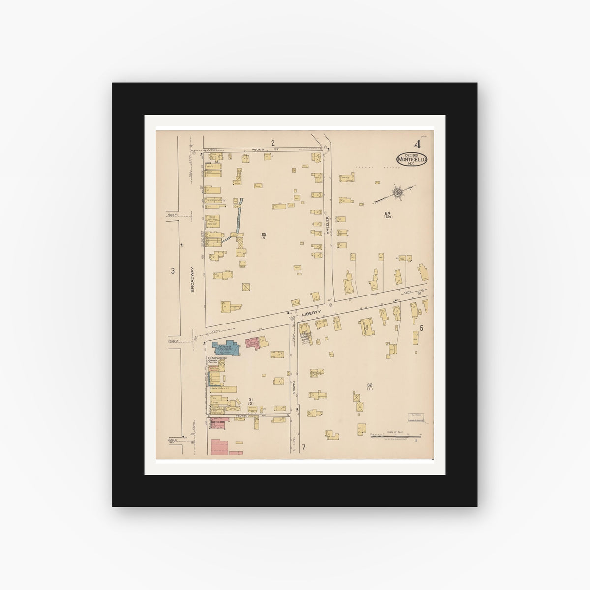 Old map wall art mockup — black gallery frame with white mat — Sanborn Fire Insurance Map from Monticello, Sullivan County, New York (1921), Sheet #0004