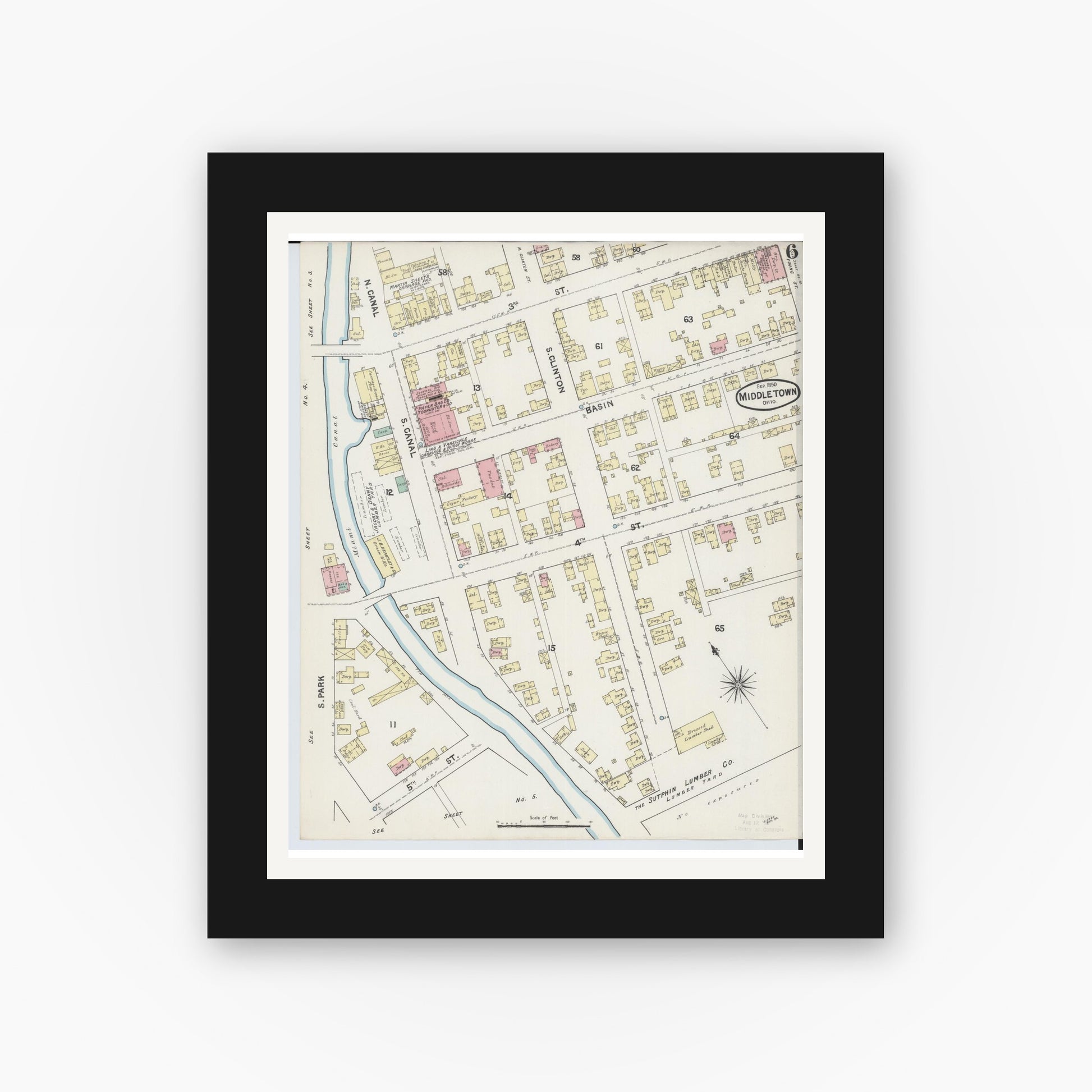 Old map wall art mockup — black gallery frame with white mat — Sanborn Fire Insurance Map from Middletown, Butler County, Ohio (1890), Sheet #0006