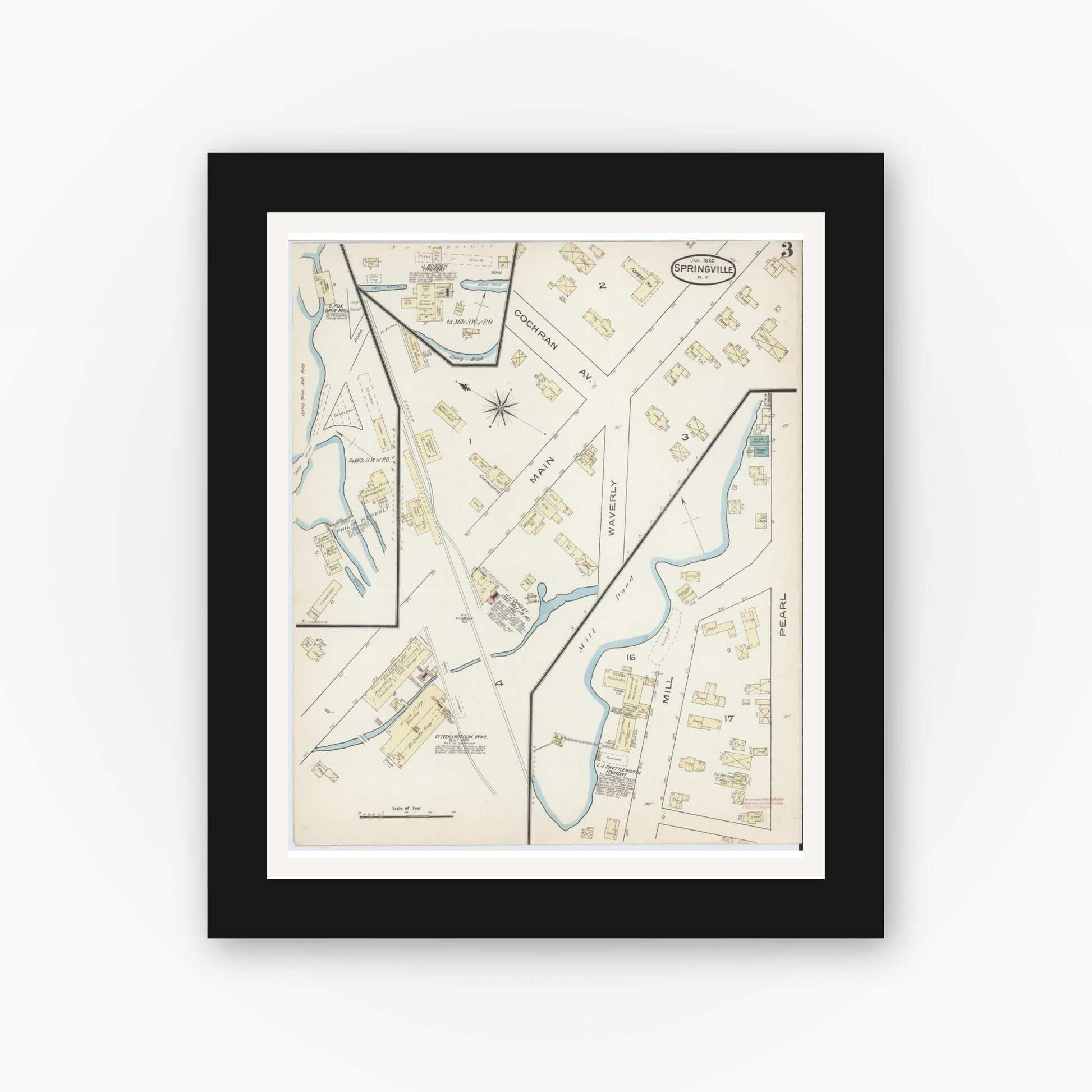 Old map wall art mockup — black gallery frame with white mat — Sanborn Fire Insurance Map from Springville, Erie County, New York (1886), Sheet #0003