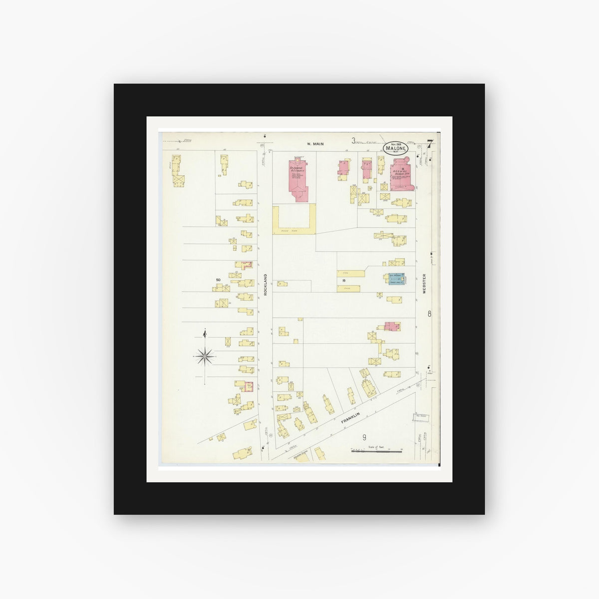 Old map wall art mockup — black gallery frame with white mat — Sanborn Fire Insurance Map from Malone, Franklin County, New York (1908), Sheet #0007
