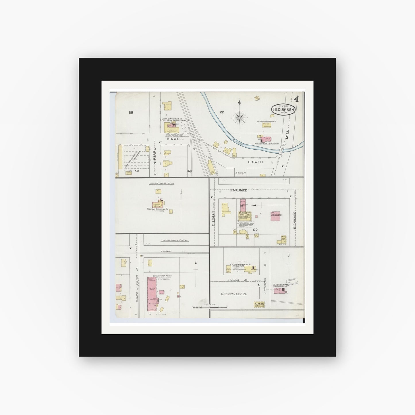Old map wall art mockup — black gallery frame with white mat — Sanborn Fire Insurance Map from Tecumseh, Lenawee County, Michigan (1893), Sheet #0004