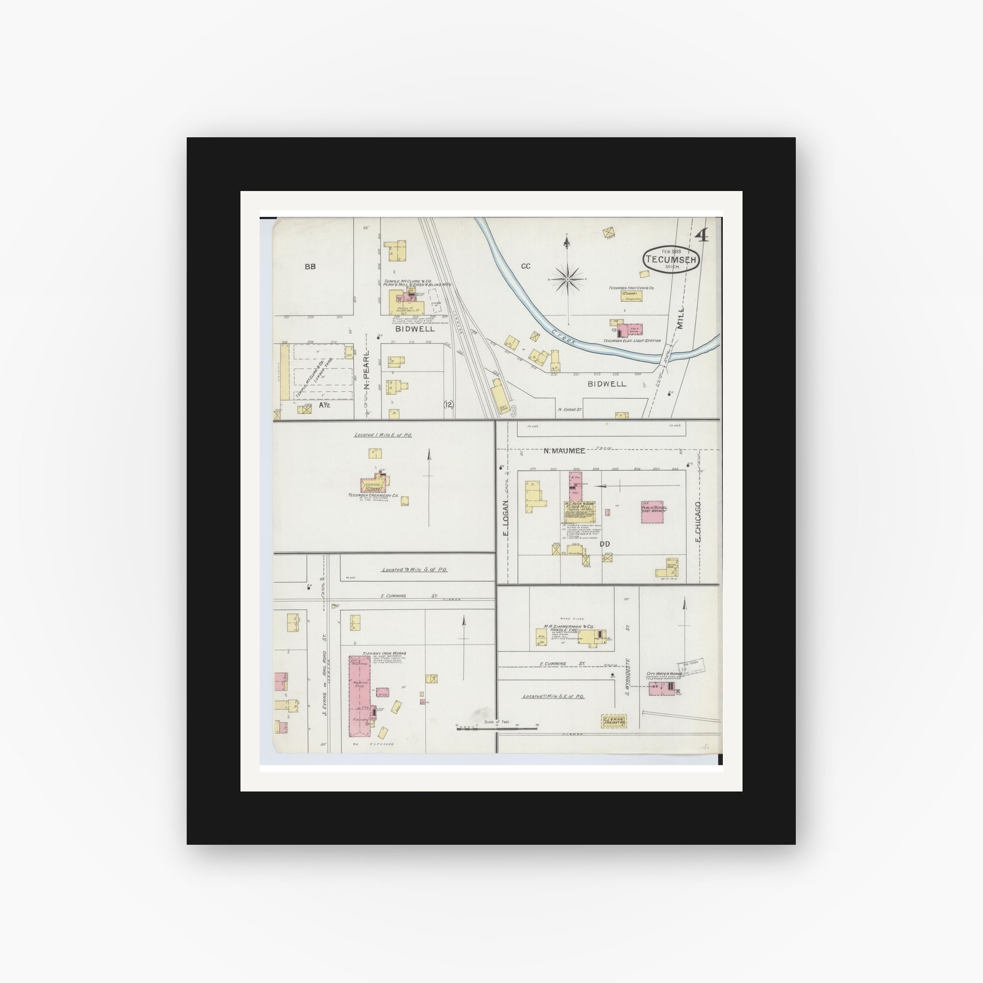Old map wall art mockup — black gallery frame with white mat — Sanborn Fire Insurance Map from Tecumseh, Lenawee County, Michigan (1893), Sheet #0004
