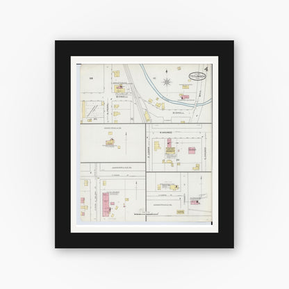 Old map wall art mockup — black gallery frame with white mat — Sanborn Fire Insurance Map from Tecumseh, Lenawee County, Michigan (1893), Sheet #0004