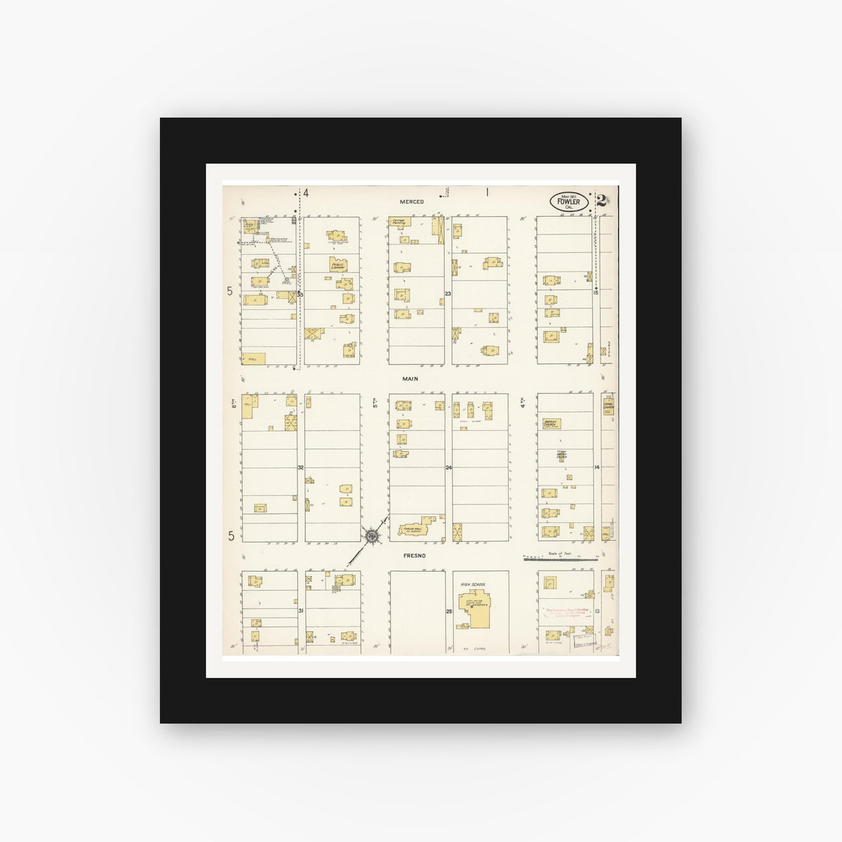 Old map wall art mockup — black gallery frame with white mat — Sanborn Fire Insurance Map from Fowler, Fresno County, California (1911), Sheet #0002