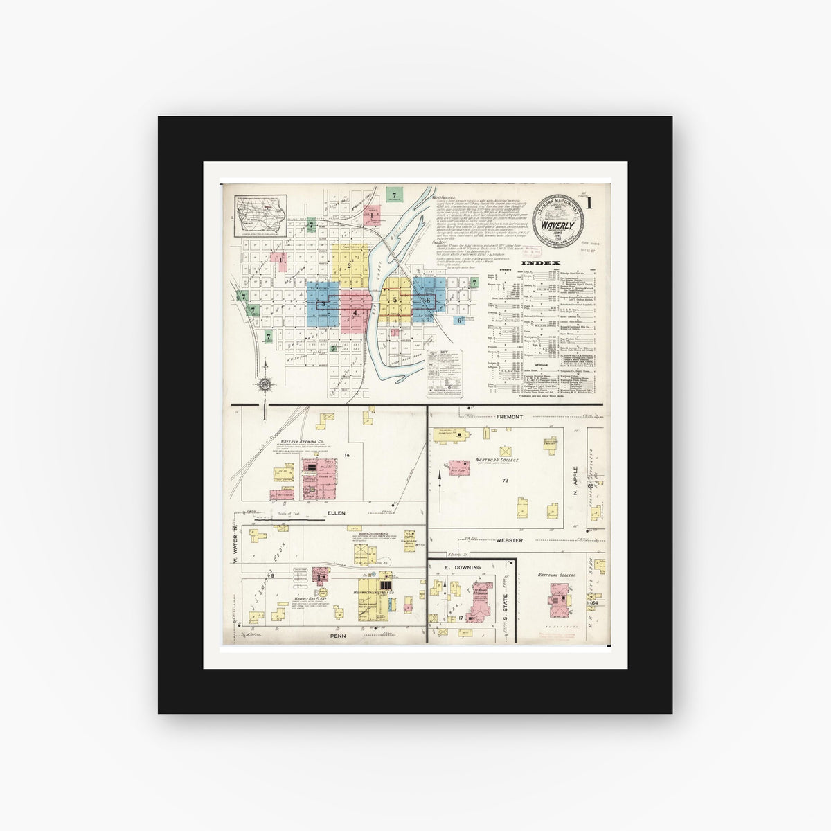 Old map wall art mockup — black gallery frame with white mat — Sanborn Fire Insurance Map from Waverly, Bremer County, Iowa (1915), Sheet #0001
