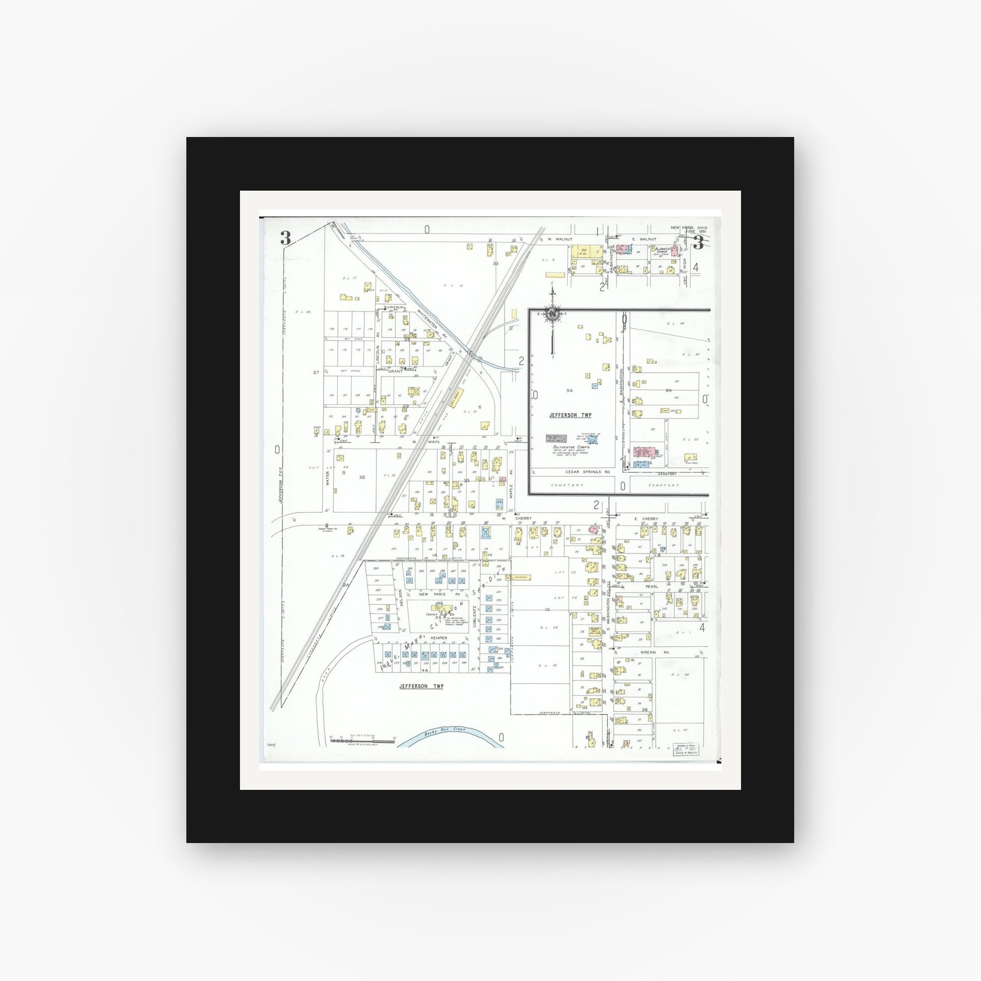 Old map wall art mockup — black gallery frame with white mat — Sanborn Fire Insurance Map from New Paris, Preble County, Ohio (1951), Sheet #0003