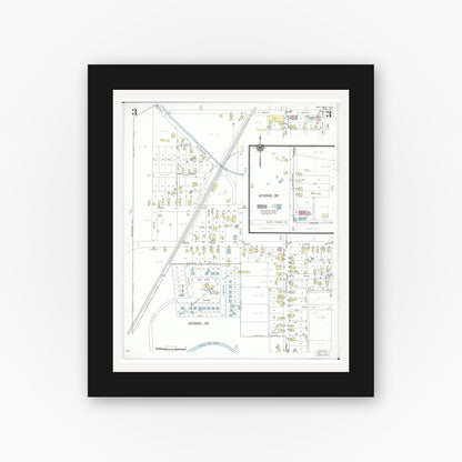 Old map wall art mockup — black gallery frame with white mat — Sanborn Fire Insurance Map from New Paris, Preble County, Ohio (1951), Sheet #0003