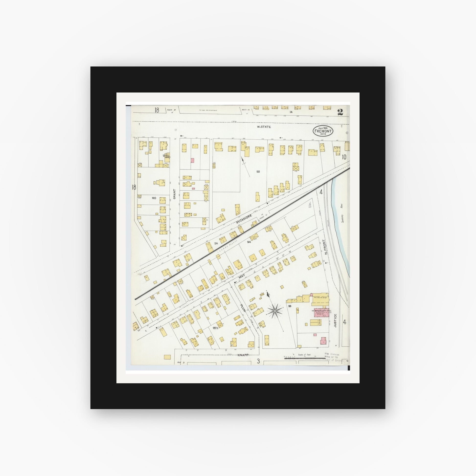 Old map wall art mockup — black gallery frame with white mat — Sanborn Fire Insurance Map from Fremont, Sandusky County, Ohio (1904), Sheet #0002