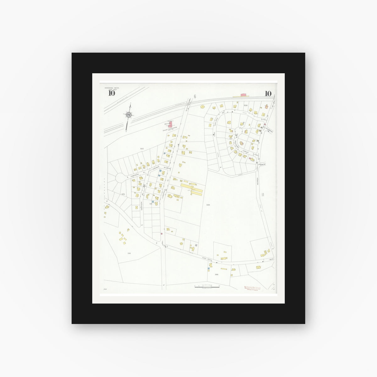 Old map wall art mockup — black gallery frame with white mat — Sanborn Fire Insurance Map from Needham, Norfolk County, Massachusetts (1937), Sheet #0010