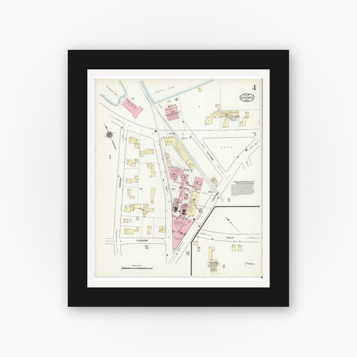 Old map wall art mockup — black gallery frame with white mat — Sanborn Fire Insurance Map from Gardner, Worcester County, Massachusetts (1914), Sheet #0004