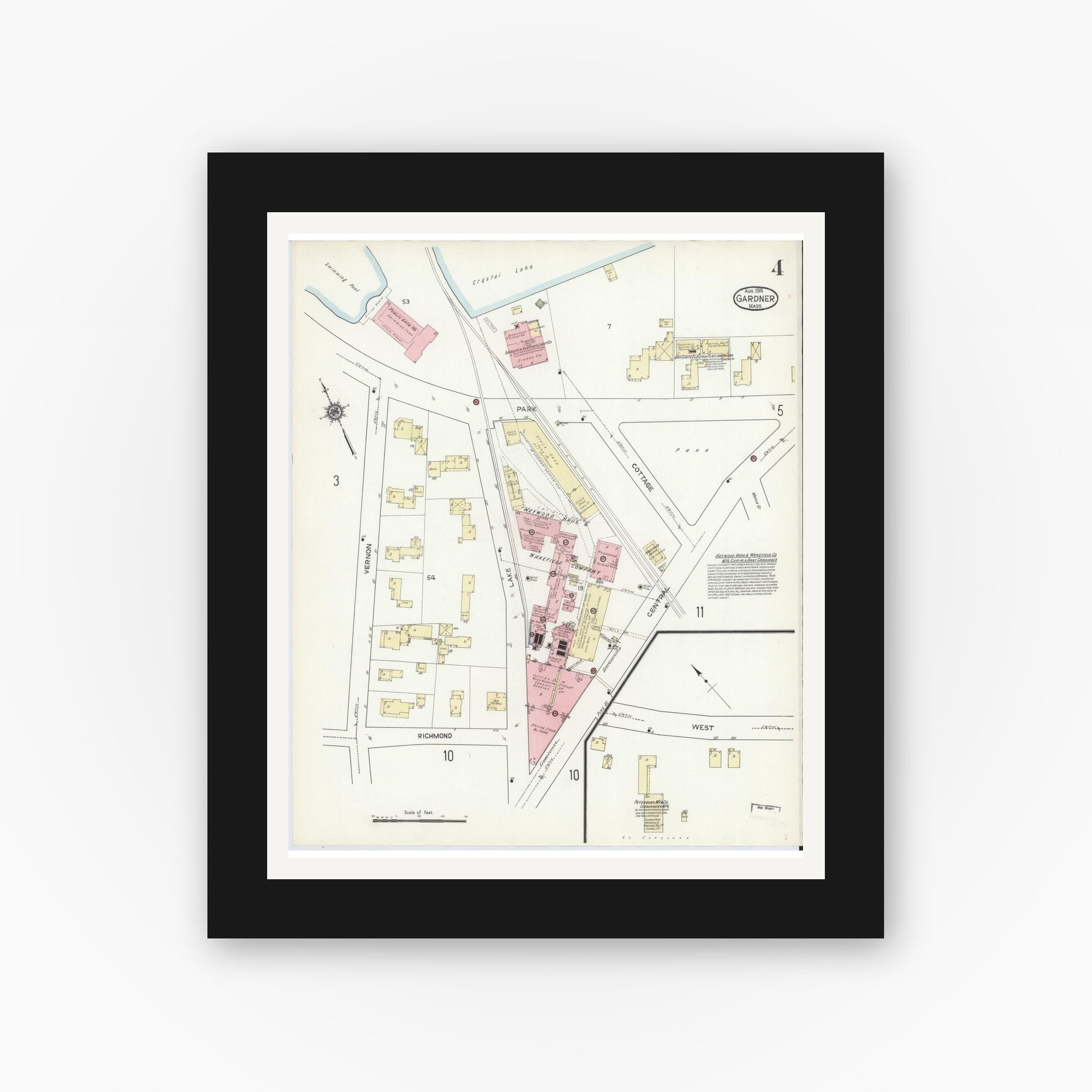 Old map wall art mockup — black gallery frame with white mat — Sanborn Fire Insurance Map from Gardner, Worcester County, Massachusetts (1914), Sheet #0004