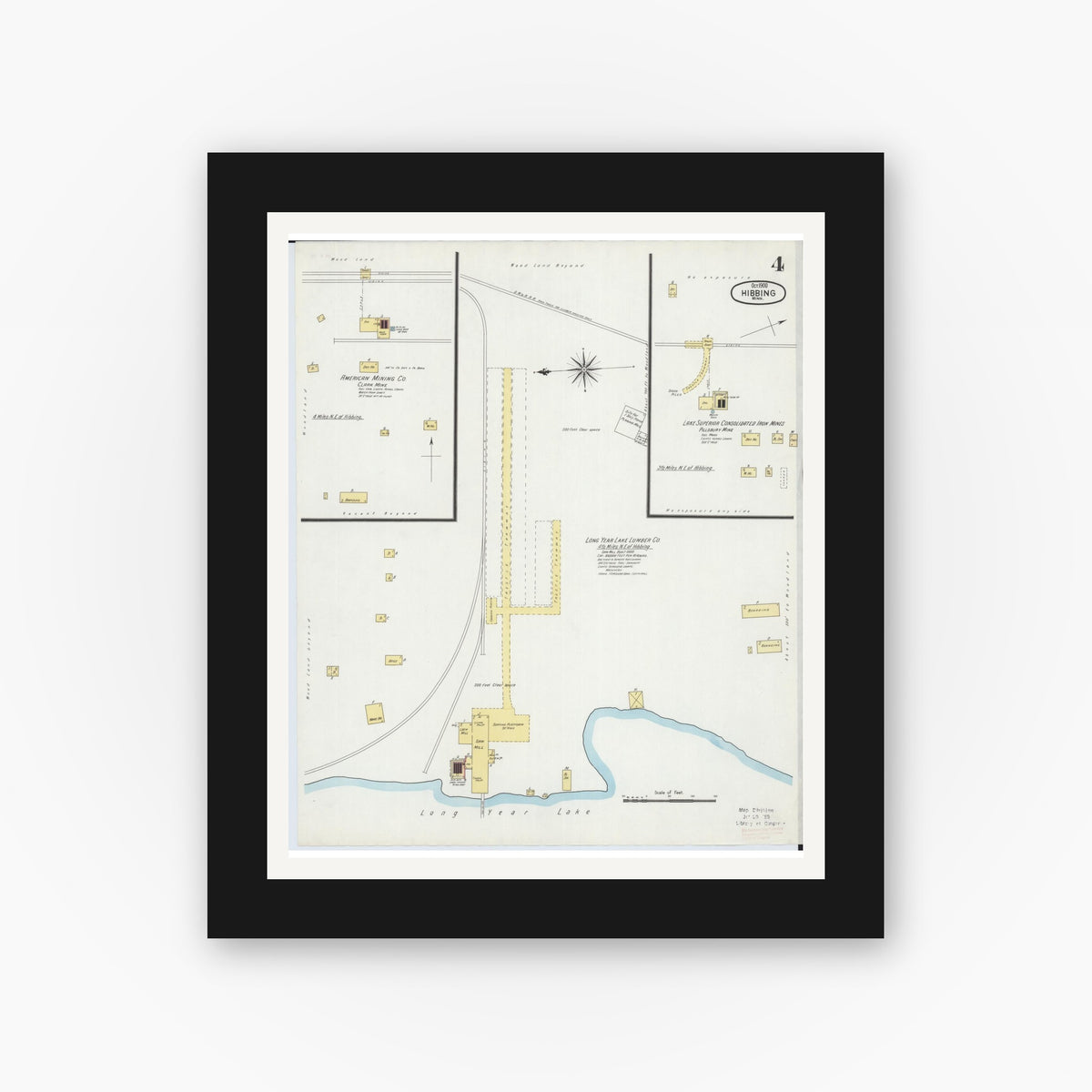 Old map wall art mockup — black gallery frame with white mat — Sanborn Fire Insurance Map from Hibbing, Saint Louis County, Minnesota (1900), Sheet #0004