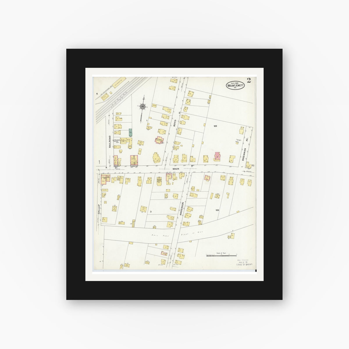 Old map wall art mockup — black gallery frame with white mat — Sanborn Fire Insurance Map from Mount Jewett, McKean County, Pennsylvania (1909), Sheet #0002