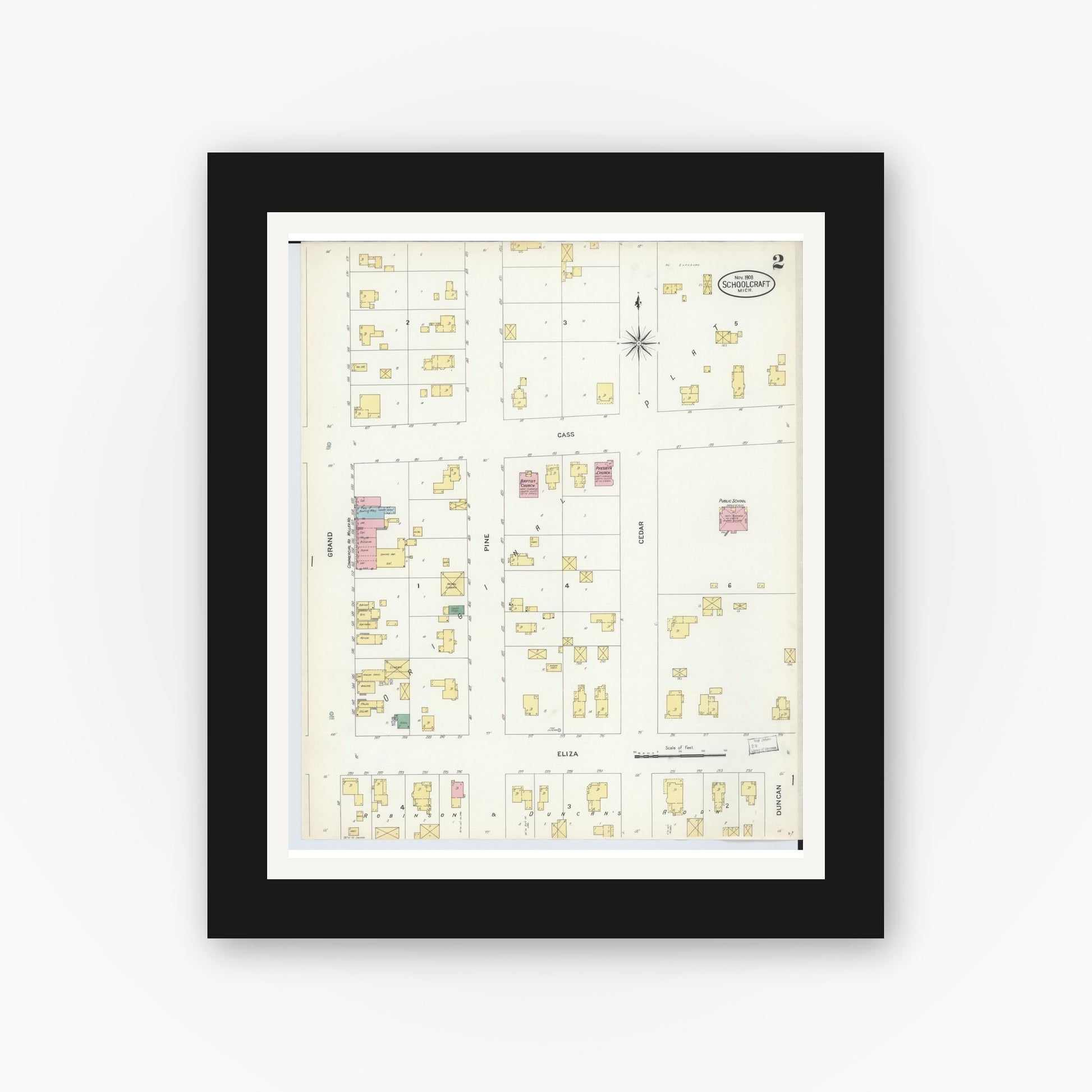 Old map wall art mockup — black gallery frame with white mat — Sanborn Fire Insurance Map from Schoolcraft, Kalamazoo County, Michigan (1908), Sheet #0002