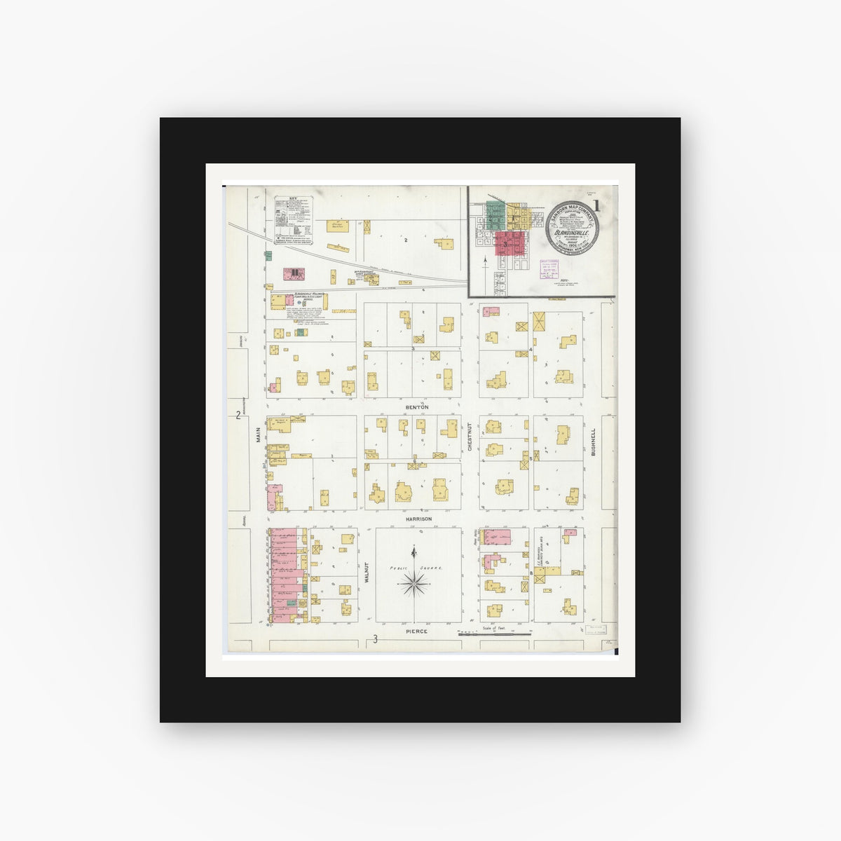 Old map wall art mockup — black gallery frame with white mat — Sanborn Fire Insurance Map from Blandinsville, Mcdonough County, Illinois (1906), Sheet #0001