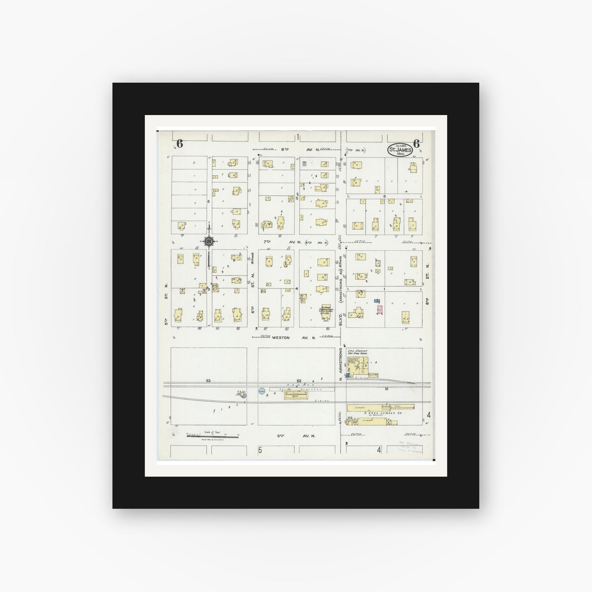 Old map wall art mockup — black gallery frame with white mat — Sanborn Fire Insurance Map from Saint James, Watonwan County, Minnesota (1924), Sheet #0006