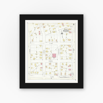 Old map wall art mockup — black gallery frame with white mat — Sanborn Fire Insurance Map from Watertown, Jefferson County, Wisconsin (1909), Sheet #0006