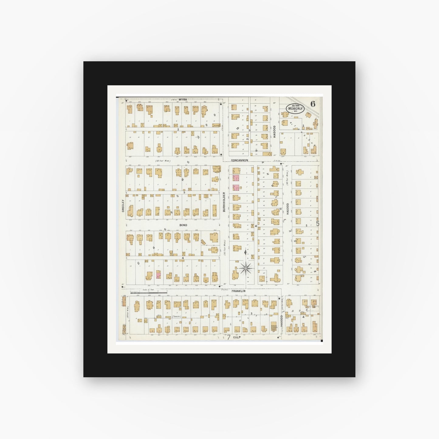 Old map wall art mockup — black gallery frame with white mat — Sanborn Fire Insurance Map from Moberly, Randolph County, Missouri (1899), Sheet #0006