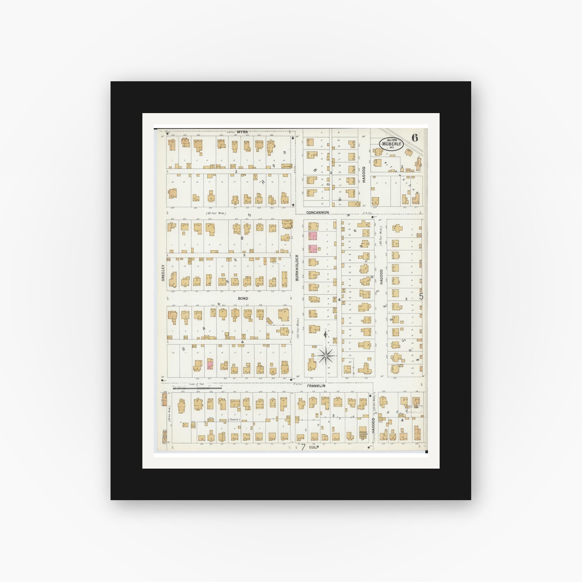 Old map wall art mockup — black gallery frame with white mat — Sanborn Fire Insurance Map from Moberly, Randolph County, Missouri (1899), Sheet #0006
