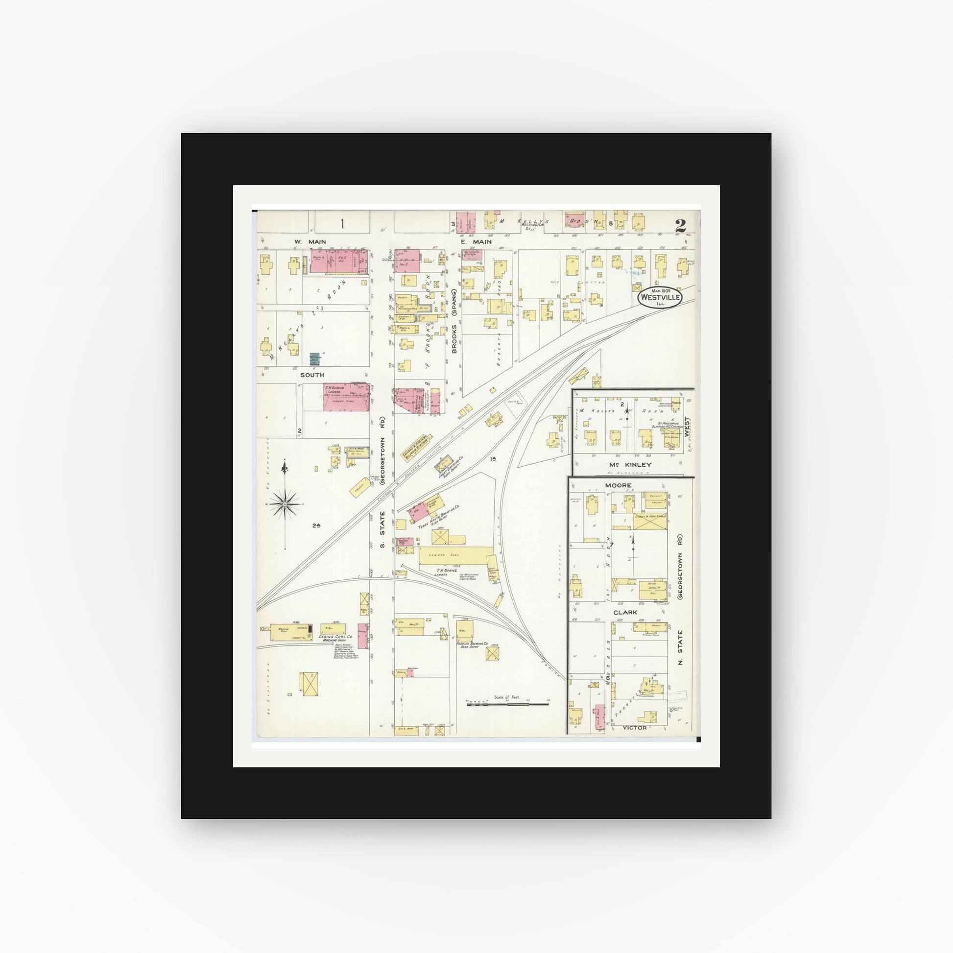 Old map wall art mockup — black gallery frame with white mat — Sanborn Fire Insurance Map from Westville, Vermilion County, Illinois (1909), Sheet #0002